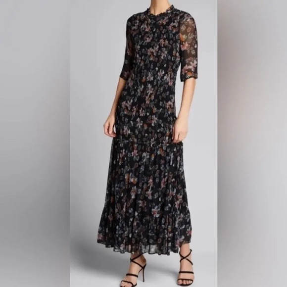 Veronica Beard Gabi Floral Smocked Maxi Dress Black Size 6